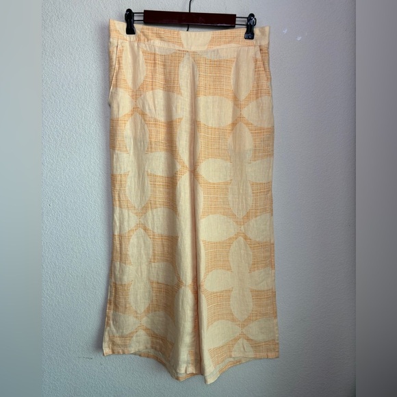 Joie Pastel Melon Orange Retro Floral 100% Linen Wide Leg T Crop Pants L - Picture 1 of 8